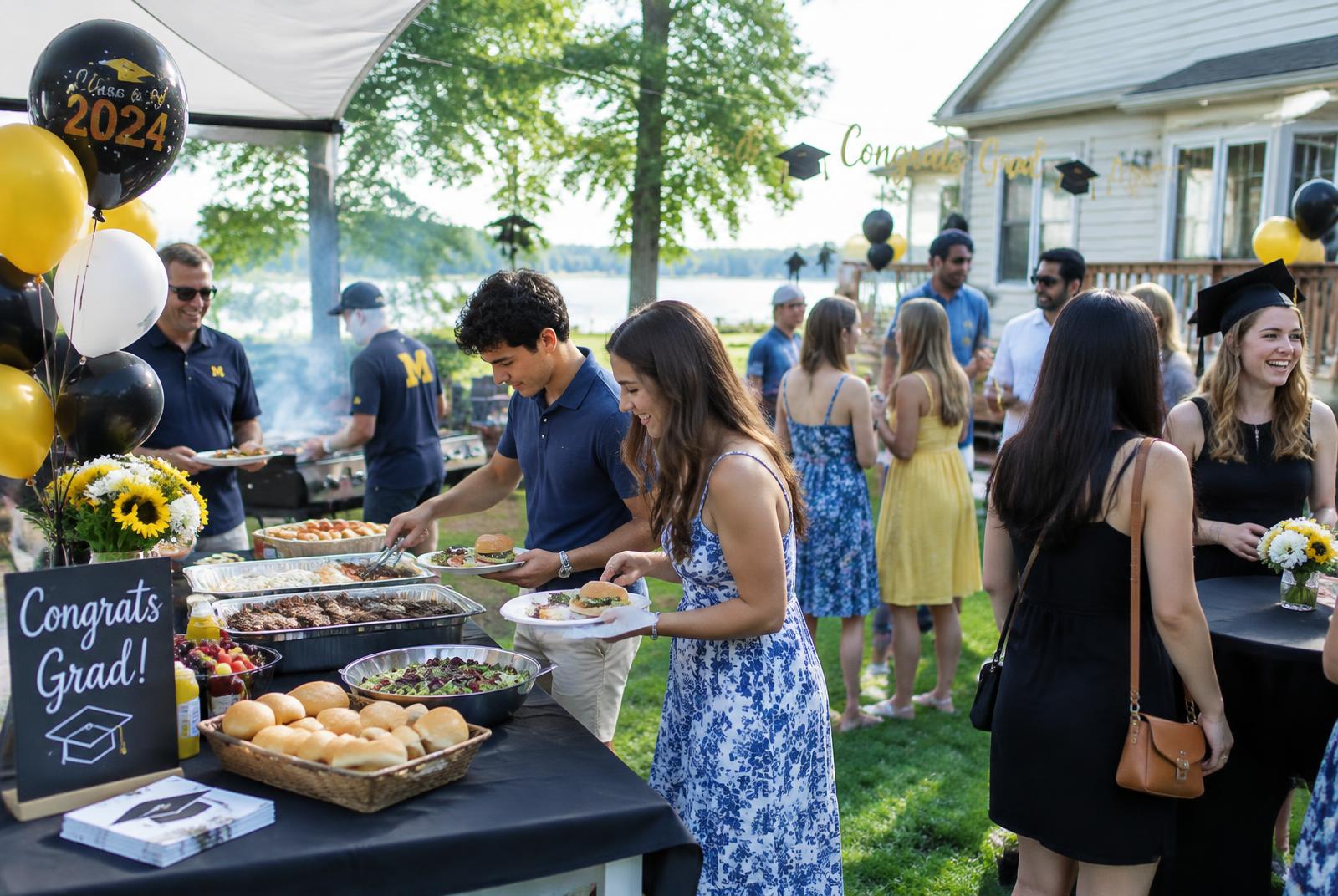 Grads and families at a backyard BBQ buffet