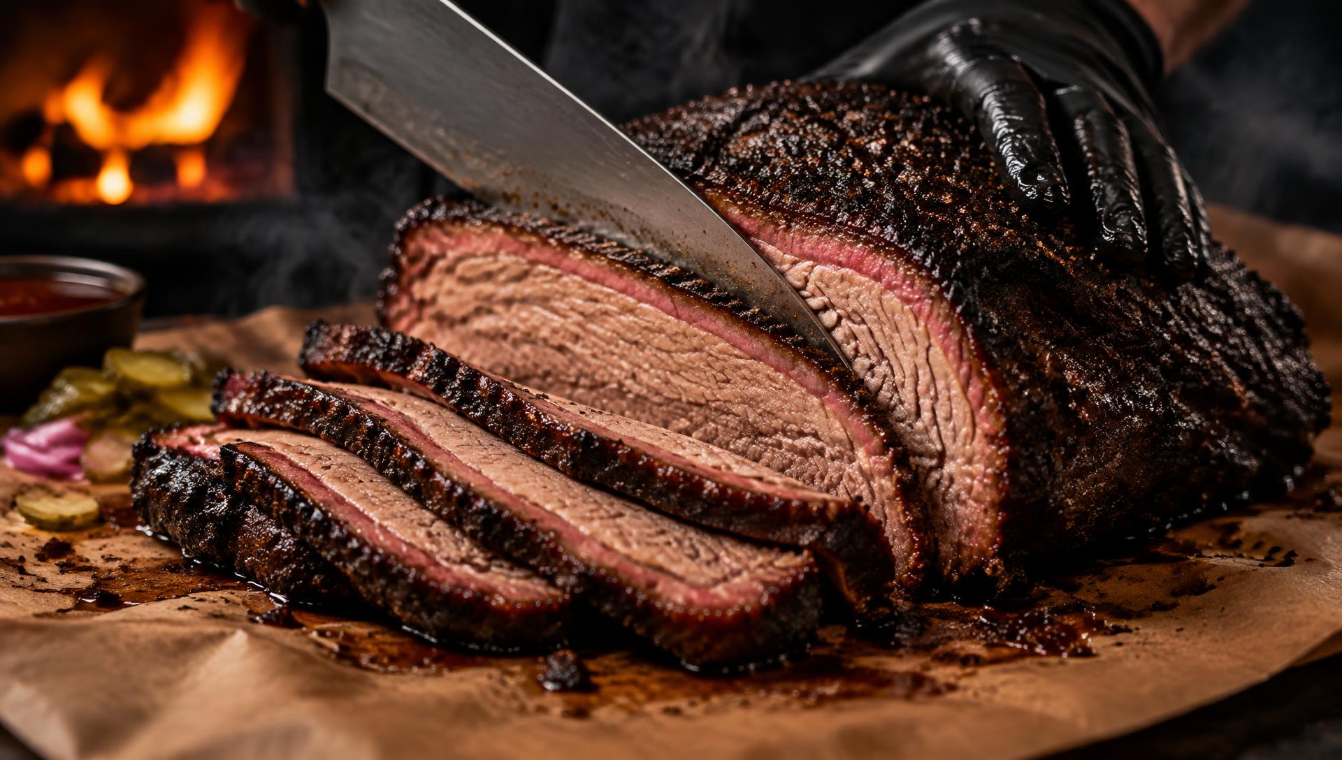 Pitmaster slicing slow-smoked Texas brisket beside the fire