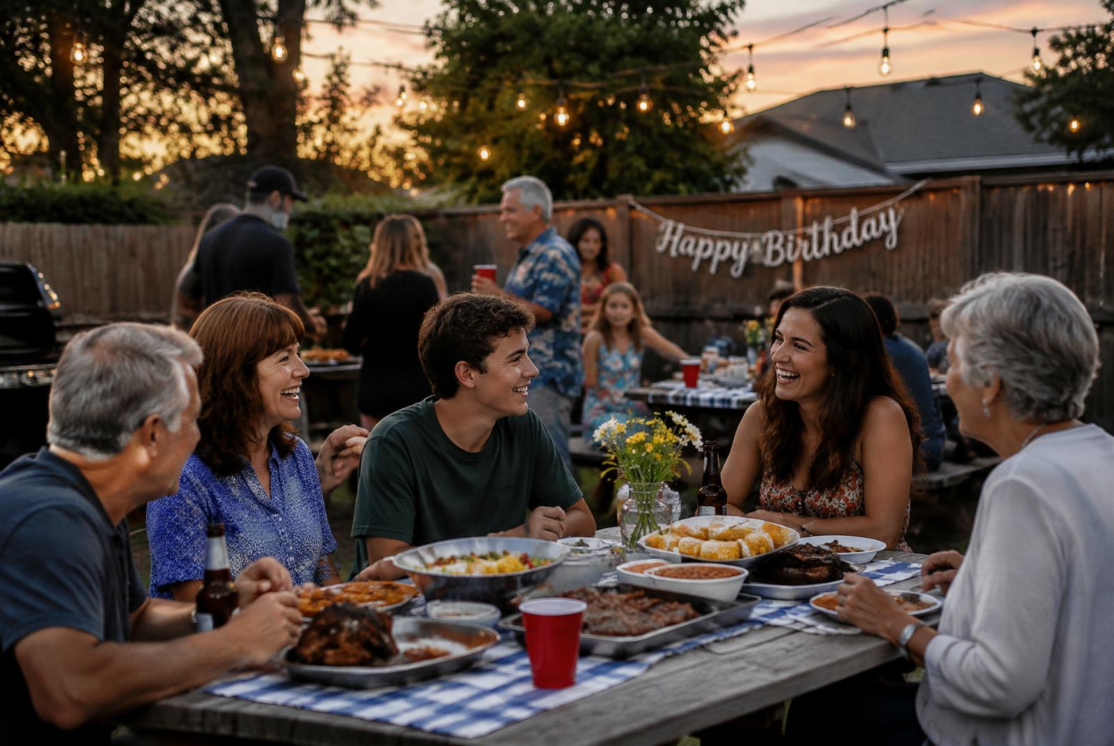 Family birthday party around a BBQ table