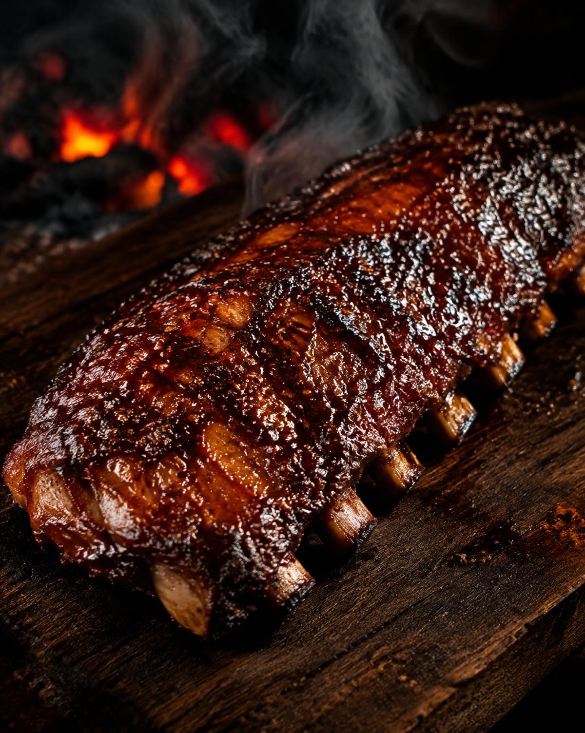 Glistening rack of BBQ ribs near hot coals