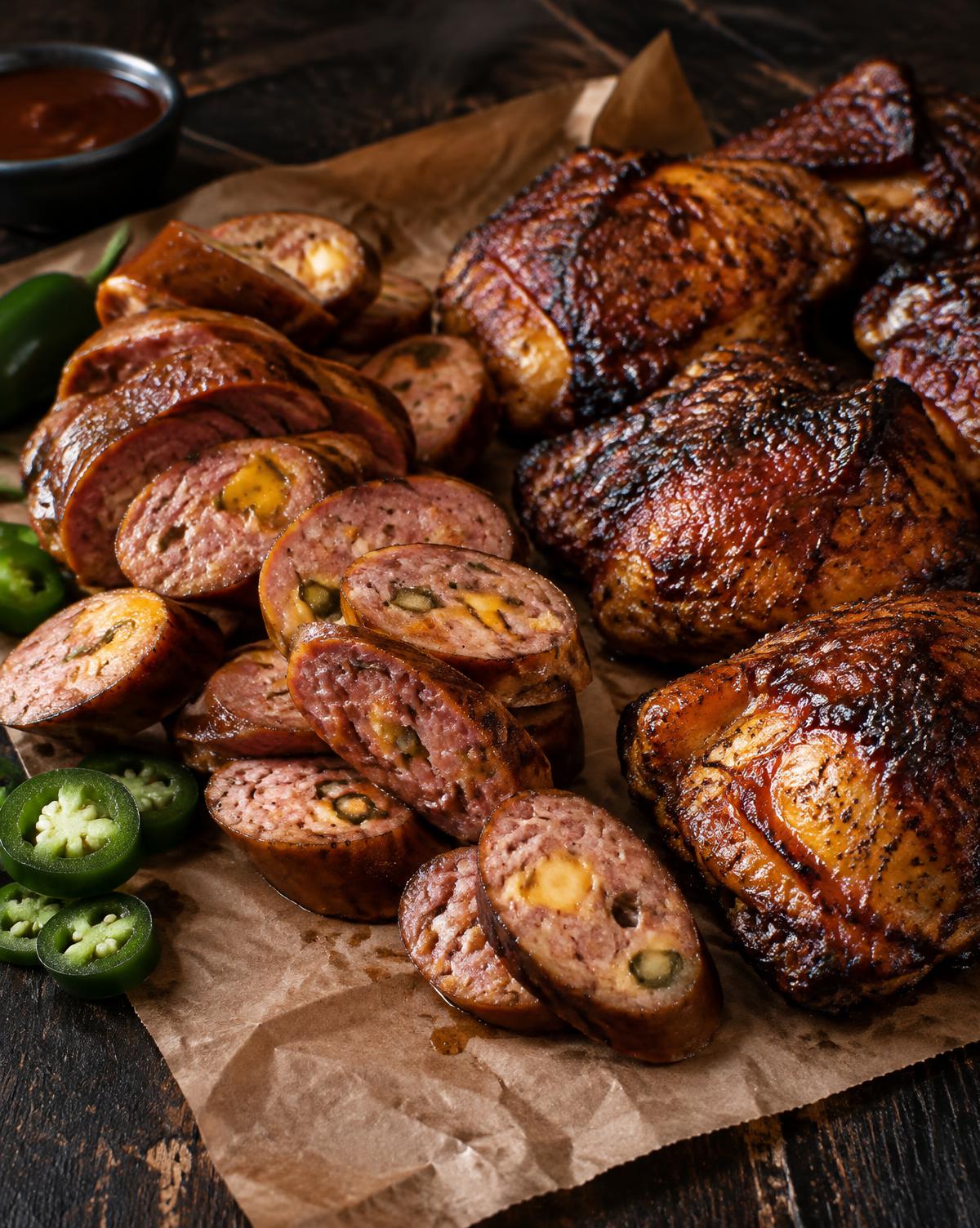 Jalapeño cheddar sausage and chicken thighs