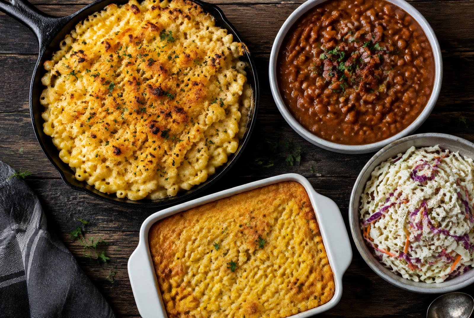 Mac and cheese, baked beans and slaw
